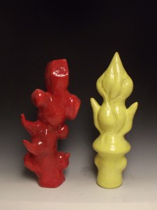 Sculpture Group-Chymical Wedding” Series, 2013-2015 Red-Voluptuary, Low Fire Earthenware, 25” X 12” X 7” Yellow-Arising Balance, Low Fire Earthenware, 8” X 10” X 27”