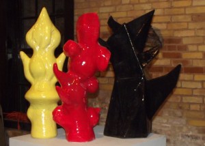  Sculpture Group-Chymical Wedding” Series, 2013-2015 Red-Voluptuary, Low Fire Earthenware, 25” X 12” X 7”Yellow-Arising Balance, Low Fire Earthenware, 8” X 10” X 27”Blue Black- Demiurge, Mid-Range Stoneware, 14” X 15” X 27” 